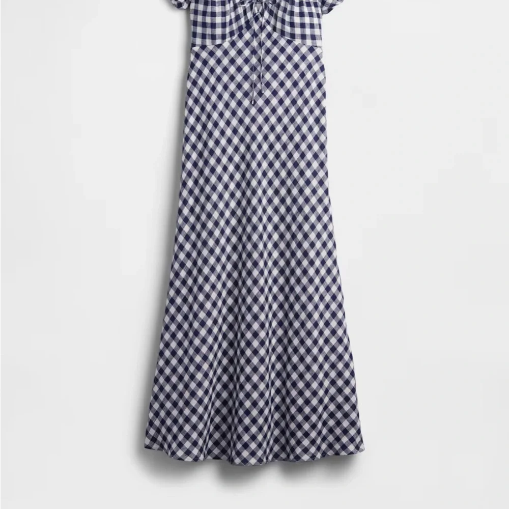 DOEN Navy Gingham Midi Dress - Women's Cap Sleeve Maxi - Picture 6 of 7